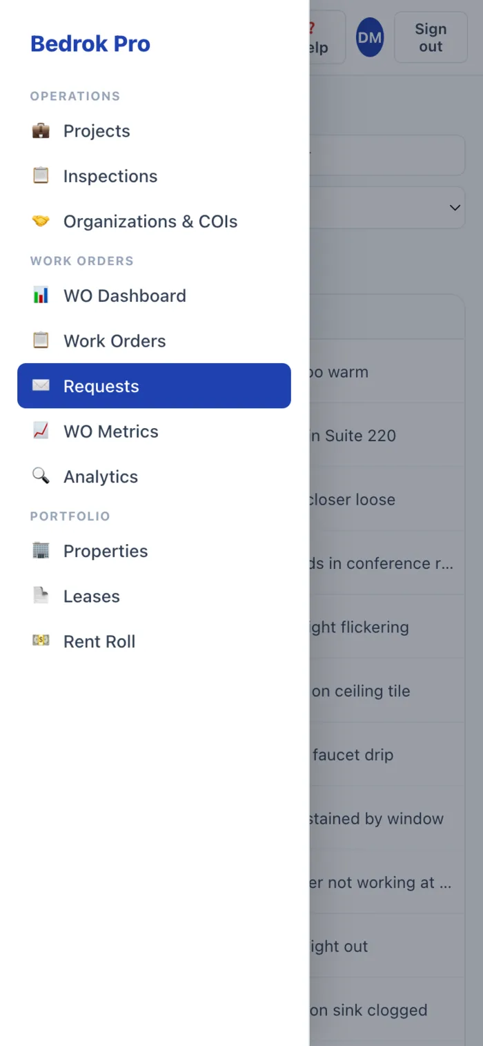 Bedrok Pro on a phone with the navigation drawer open showing projects, inspections, work orders, leases and rent roll
